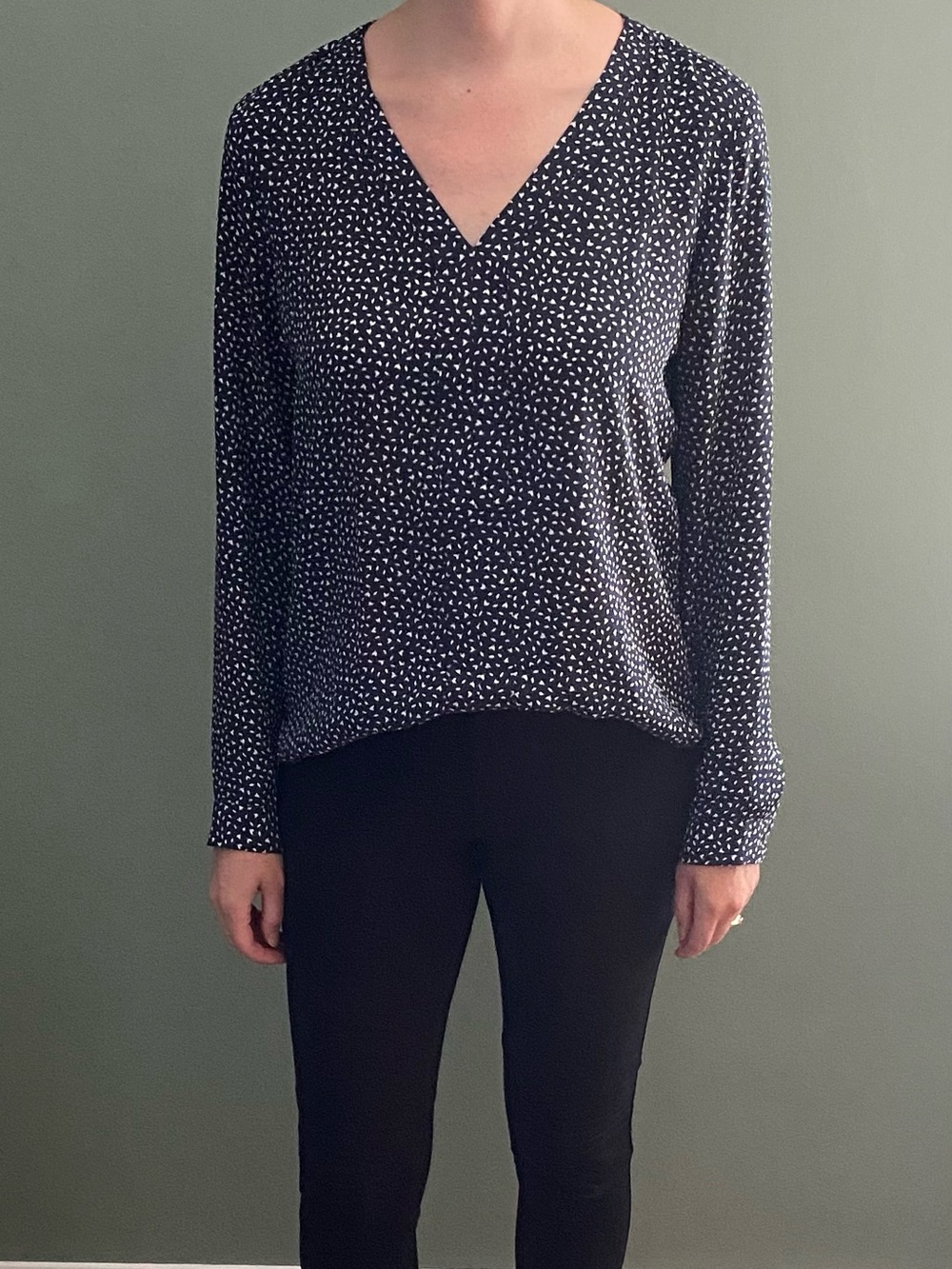 Banana Republic Navy Blue V-Neck Long Sleeve Top with White Bird Print